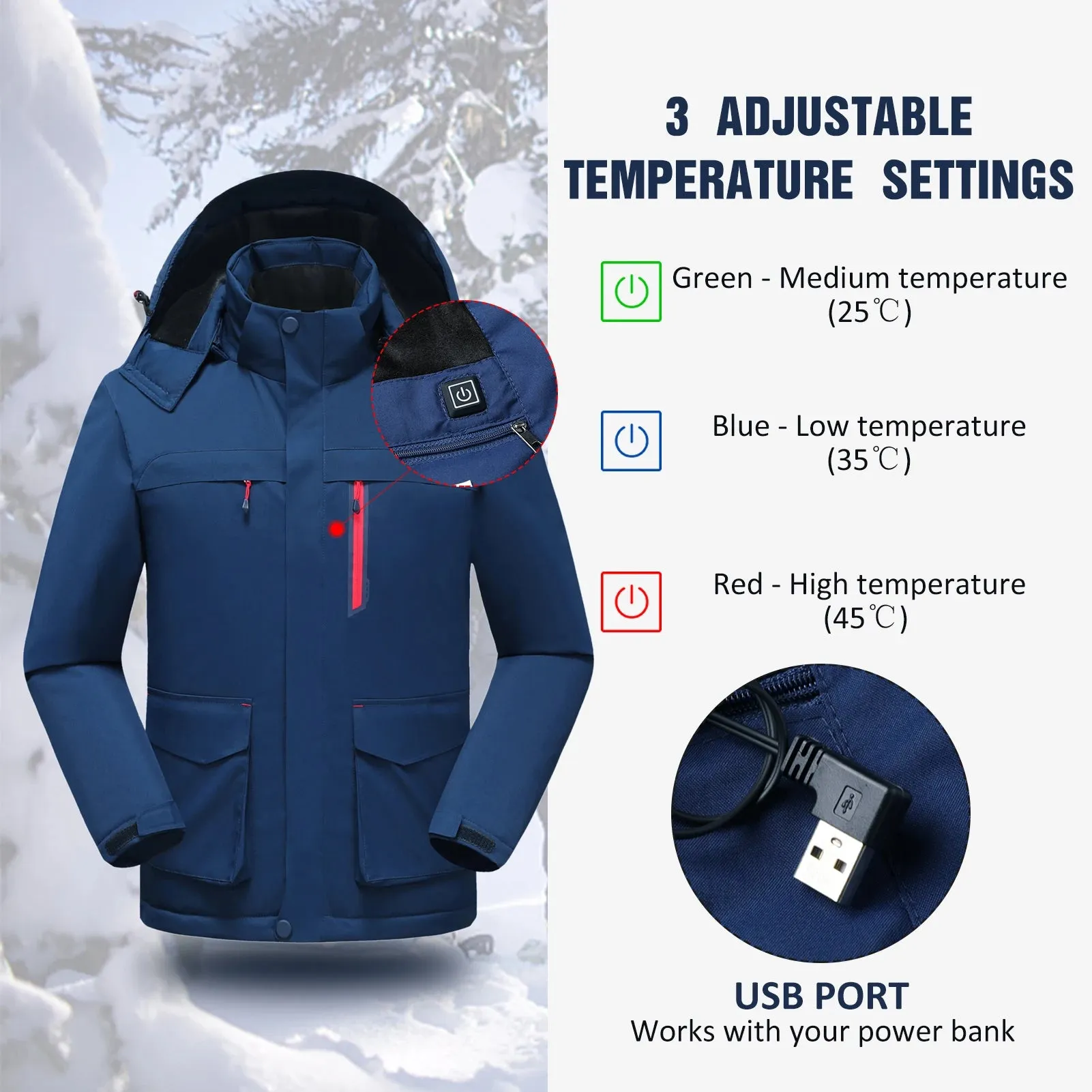 2021 New Heated Jacket with Detachable Hood Winter Warm Heating Jackets Waterproof Rain Coat Windbreaker Clothing Jacket Men