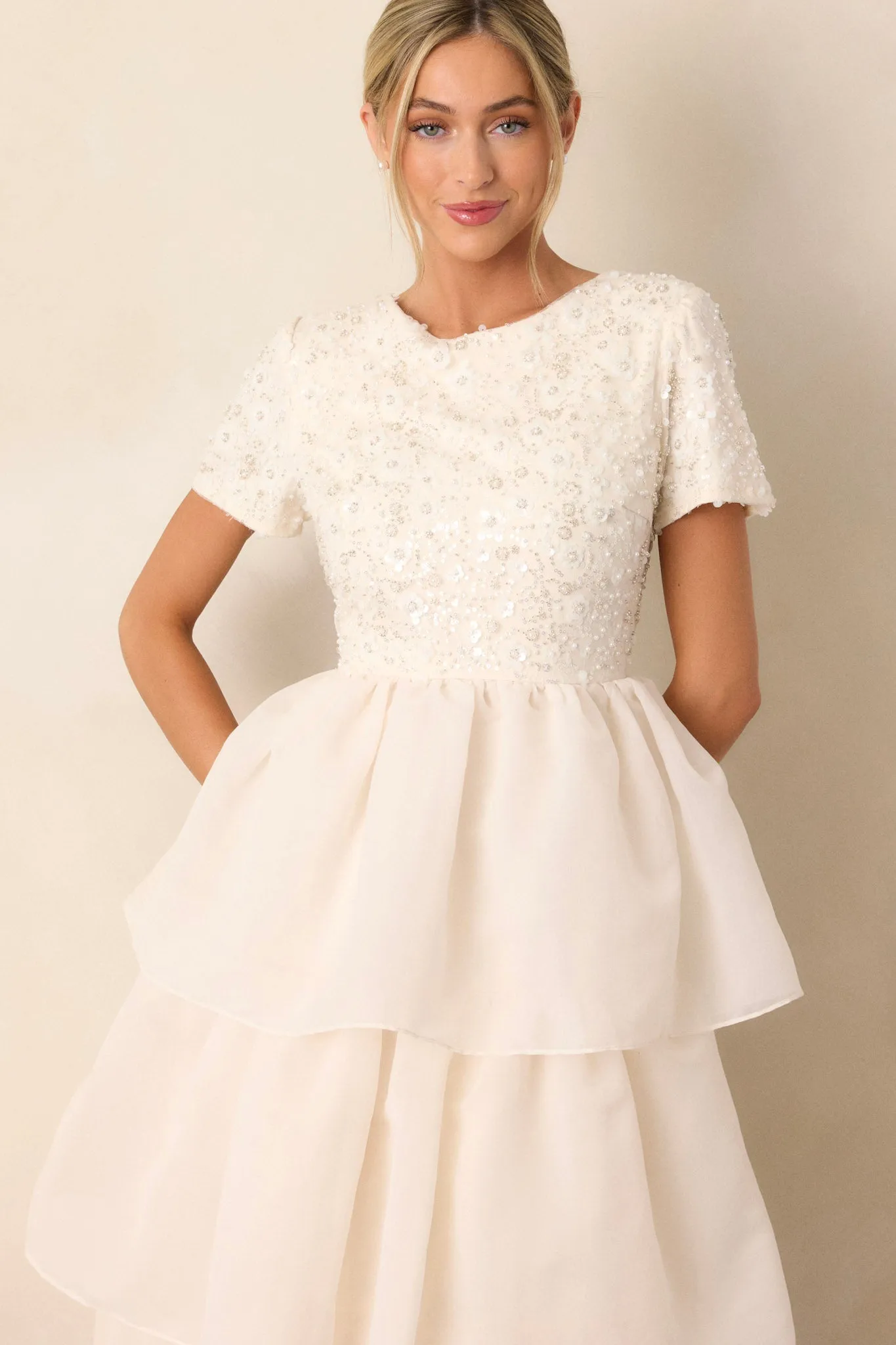 Always A Dreamer Ivory Pearl Embellished Midi Dress