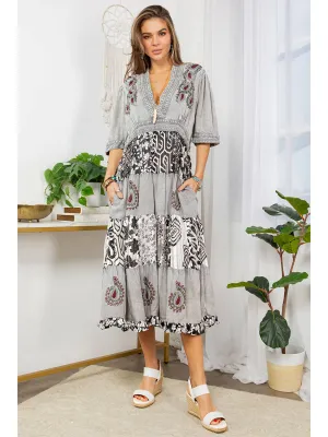 Boho Grey, Black & White Patchwork Maxi Dress