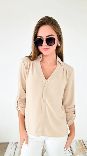 Classic Breeze Roll-Tab Blouse Top - Beige