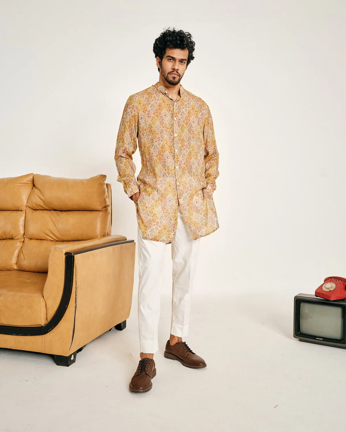 Cream and Yellow Gul Malai Cotton Kurta Pajama Set