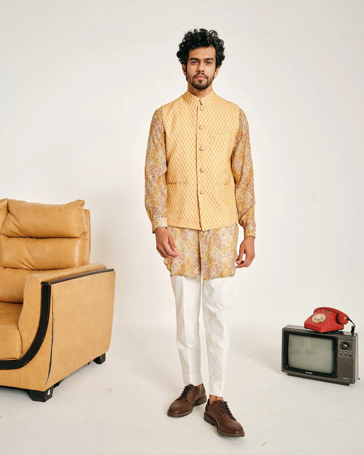 Cream and Yellow Gul Malai Cotton Kurta Pajama Set