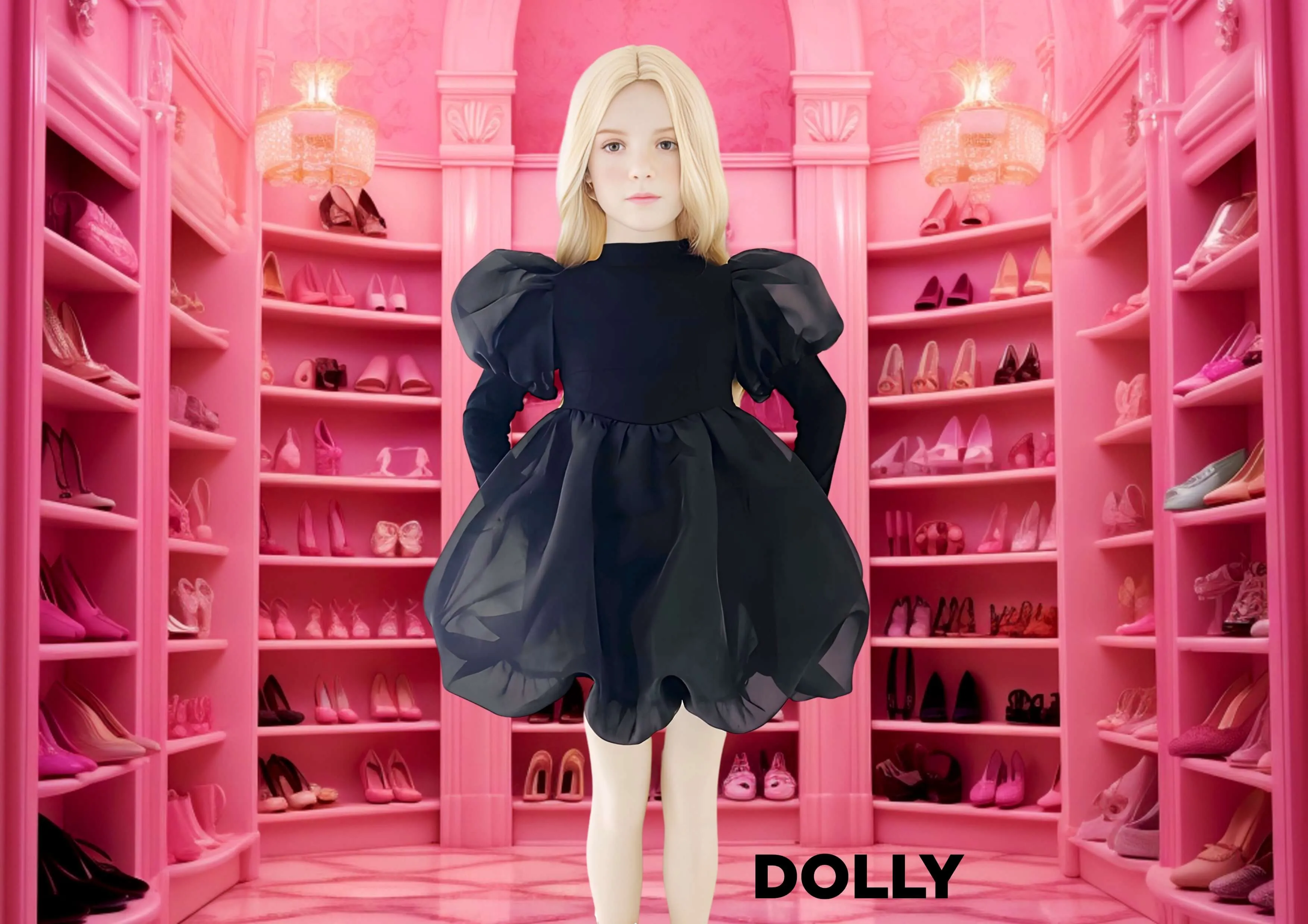 DOLLY WORLD PUFF LONG SLEEVE BALLOON ORGANZA DRESS WITH COTTON BODY black