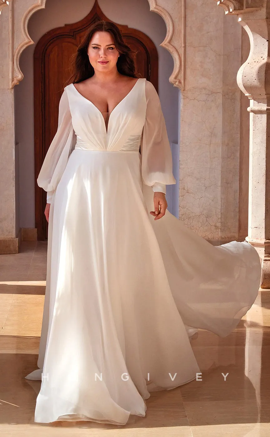 H0871 - Sheer Plunging Illusion Open Back Ruched Long Sleeve With Train Wedding Dress