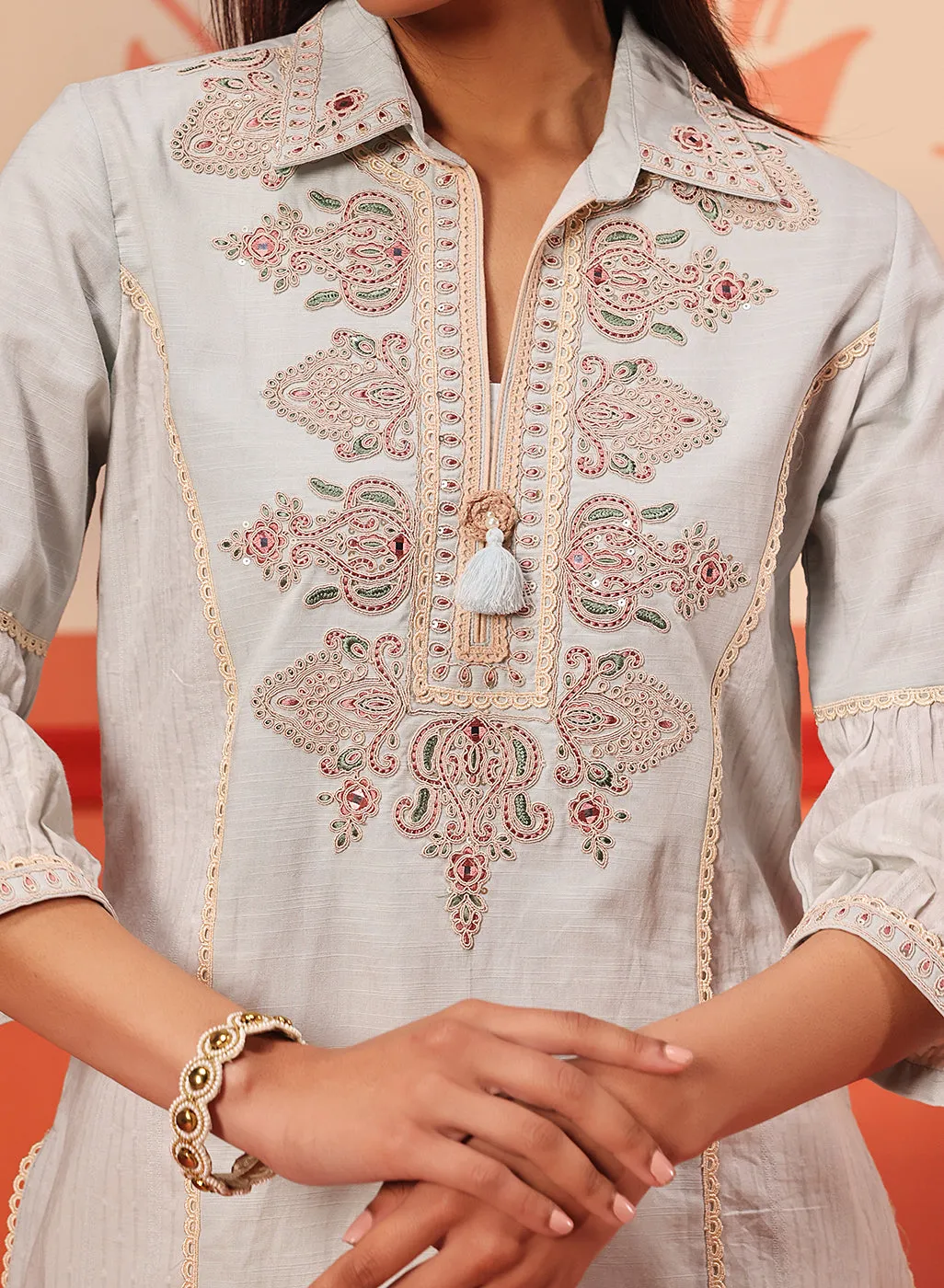 Hayaat Powder Blue Embroidered Cotton Linen Tunic for Women