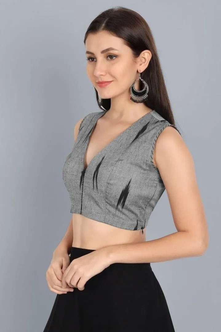 Ikkat Gray V Neck Padded Blouse