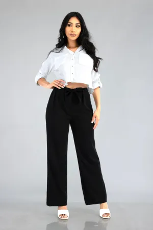 Knit Crepe Straight Leg Pants With Waist Tie - Black