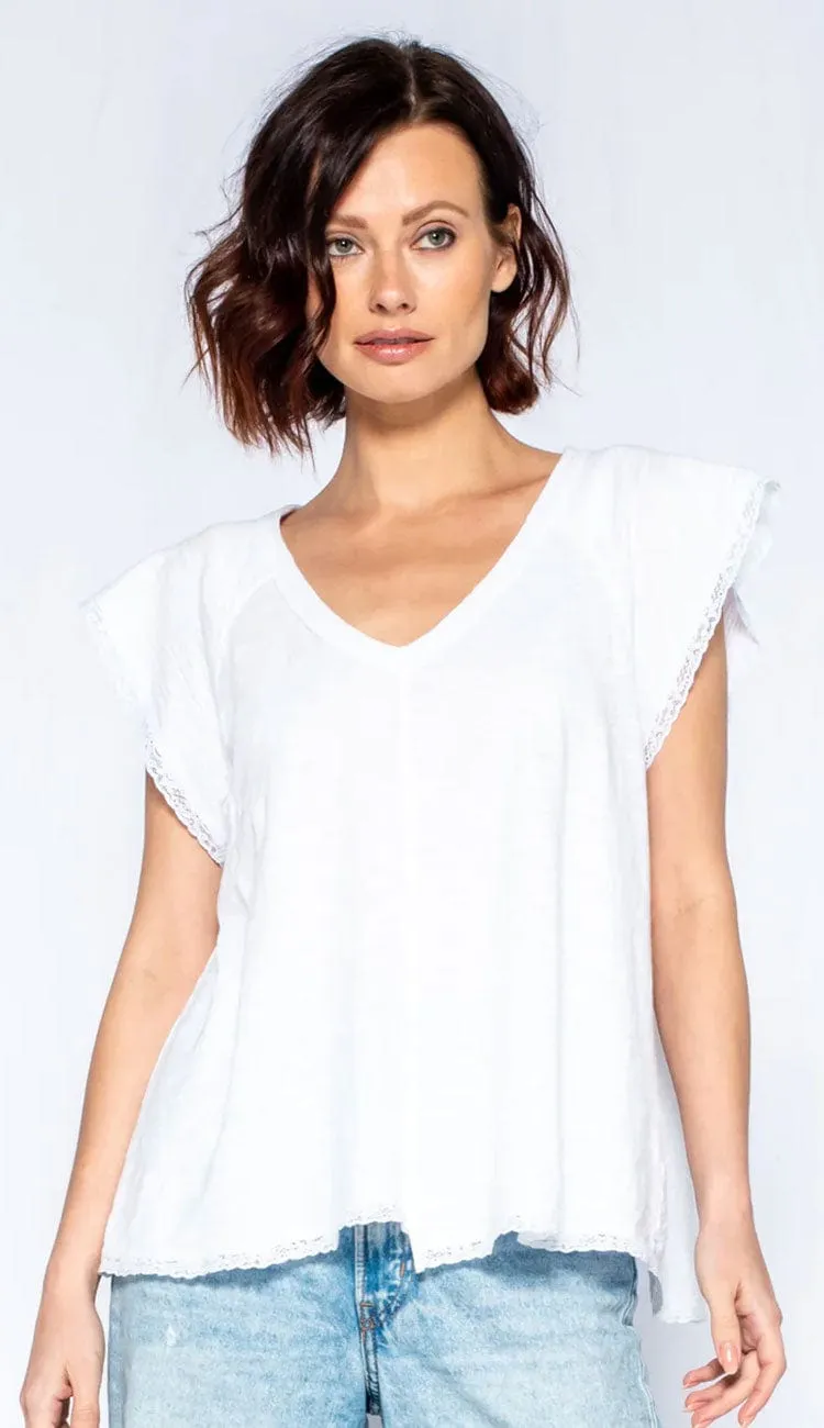 Lace Edge Flutter Sleeve Shifted He Trapeze Scoopy Neck Tee