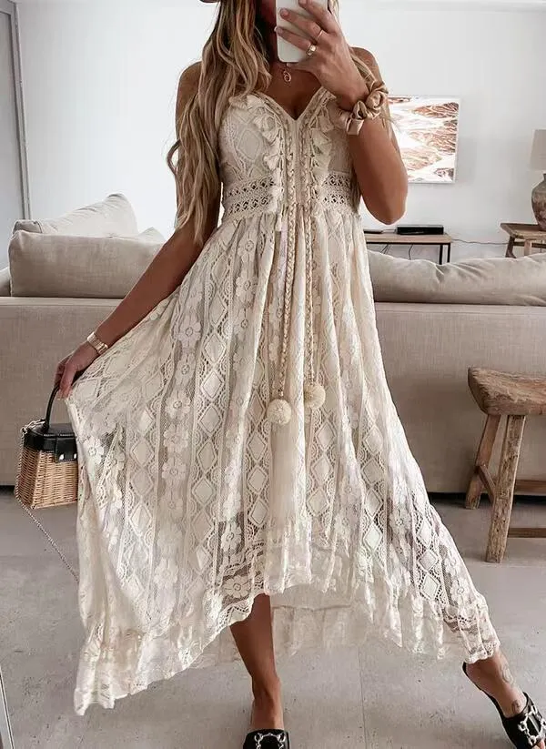 Lace Suspender white Midi Dress