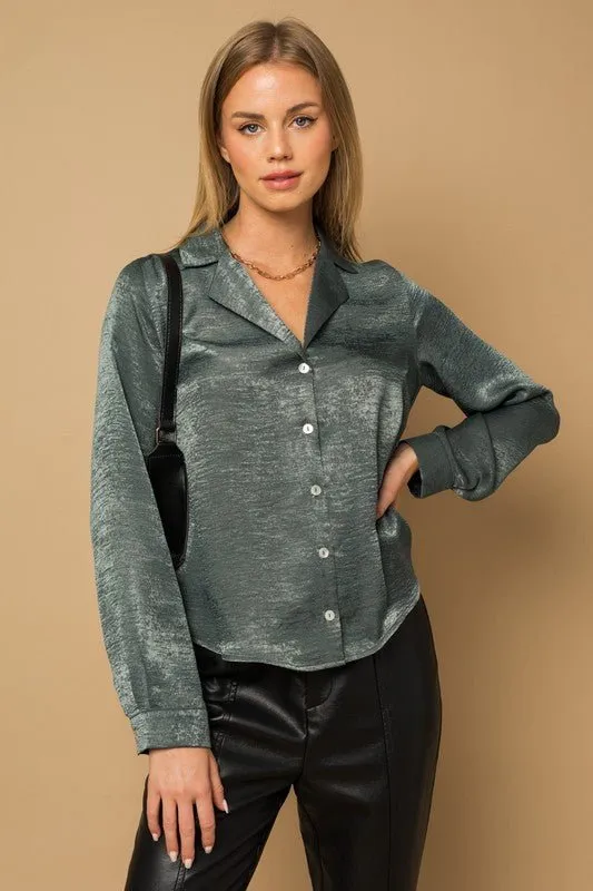 L/S BUTTON DOWN SATIN BLOUSE TOP