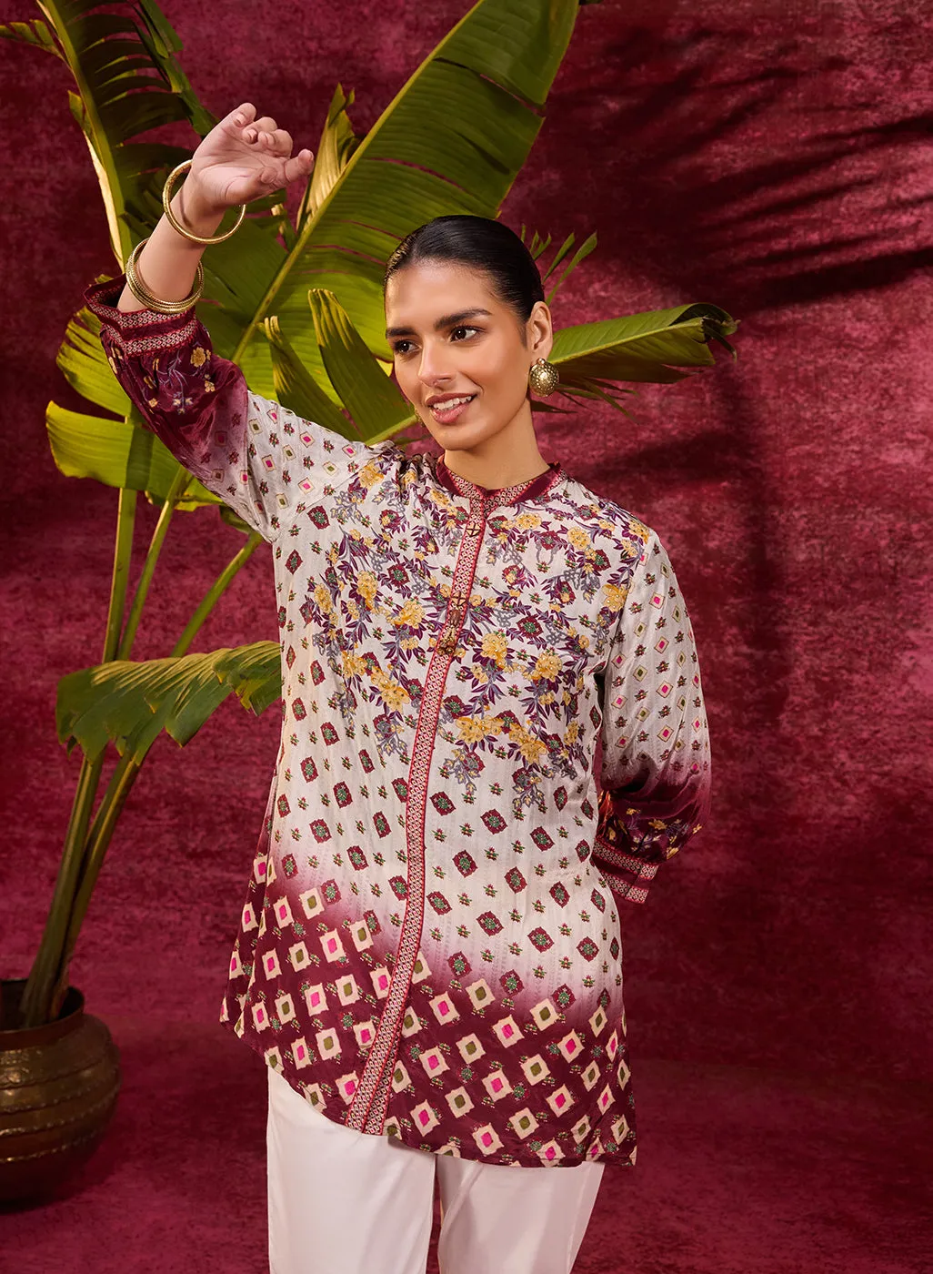 Mehrunisa Burgundy Printed Crepe Top for Women