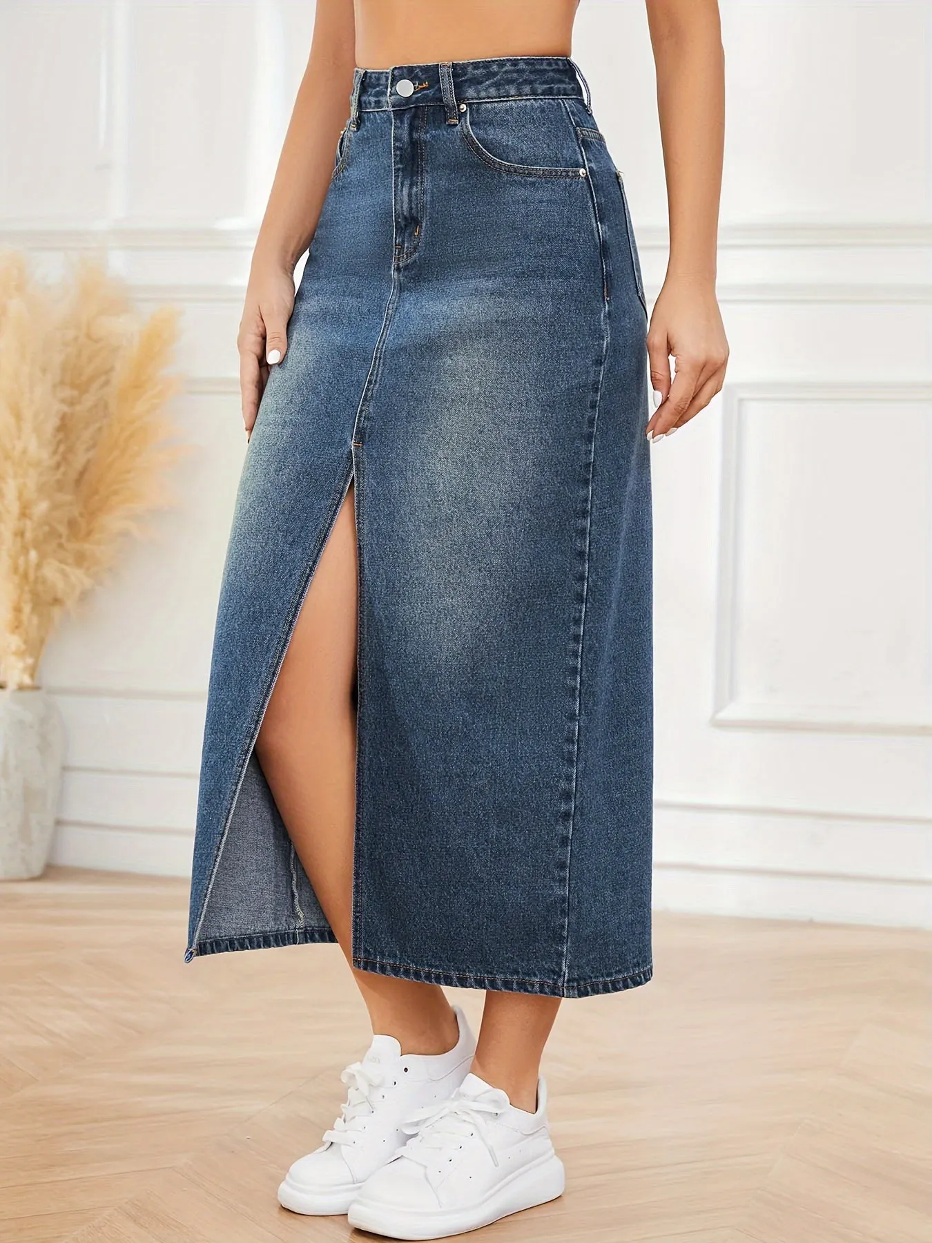 Mid-Rise Slant Pockets Split Denim Midi Skirt - Flattering Non-Stretch Casual Denim Skirt with Classic Fit, Comfortable Waistband, and Feminine Silhouette - Womens Denim Clothing for Everyday Wear