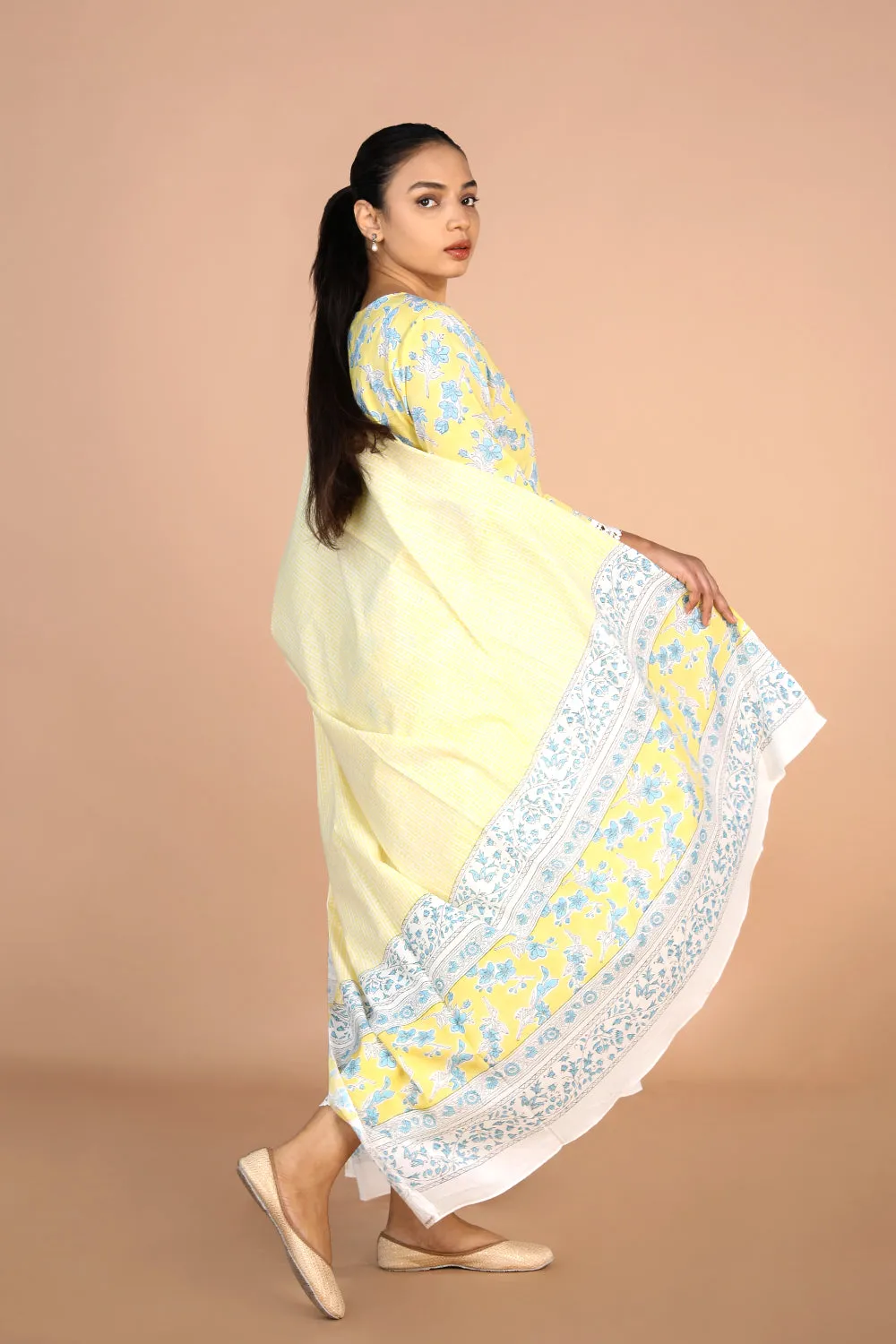 Pastel Yellow Handblock printed Kurti, pants and dupatta set