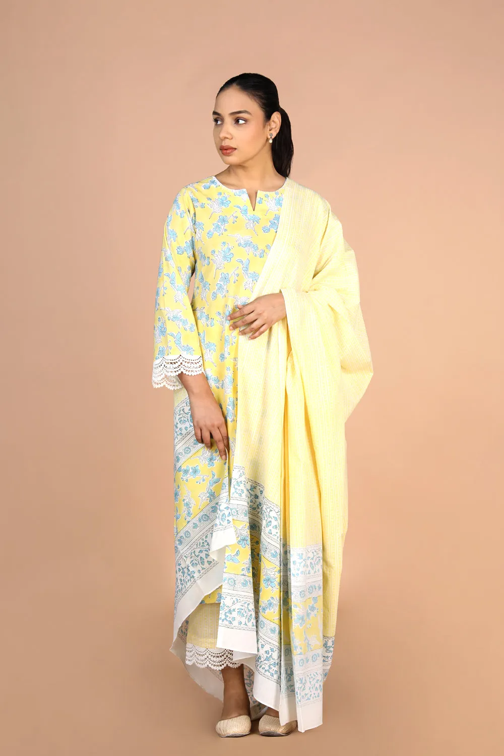 Pastel Yellow Handblock printed Kurti, pants and dupatta set