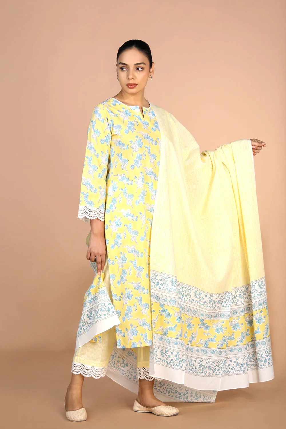 Pastel Yellow Handblock printed Kurti, pants and dupatta set