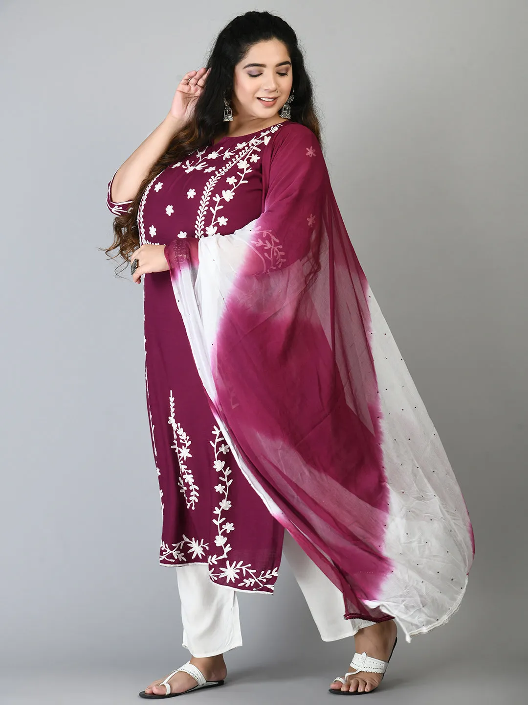 Plus Size Poetic Dark Purple Embroidered Kurta Pant Set with Dupatta