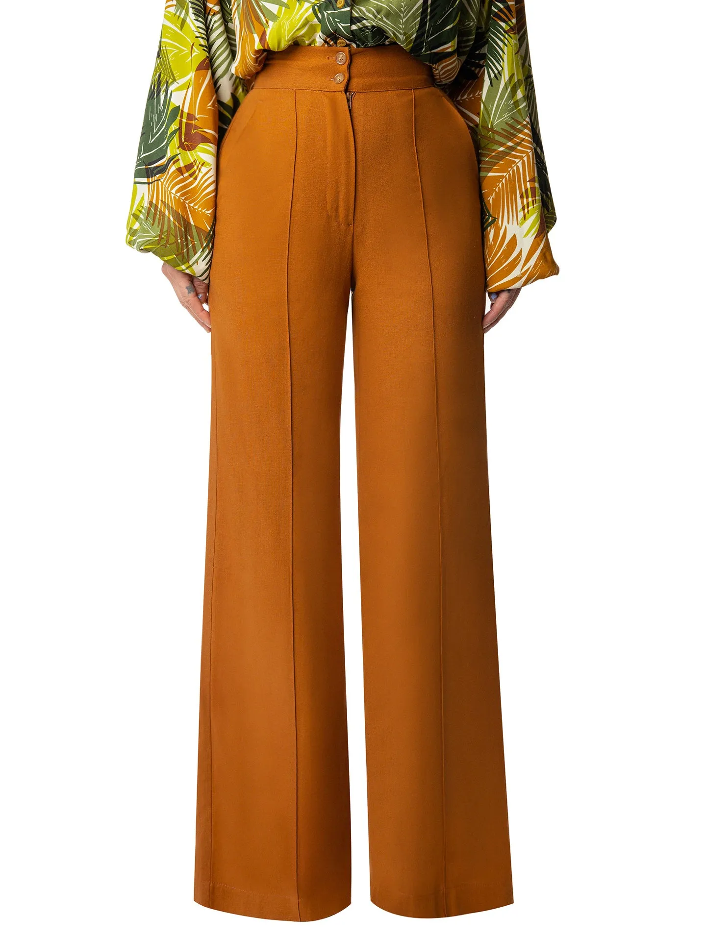 "Laurel" Cognac Linen High Waist Pants