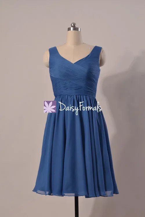 Sophisticated Blue Chiffon Dress Short Prussian Blue Bridesmaid Dress Party Dress(BM5196S)