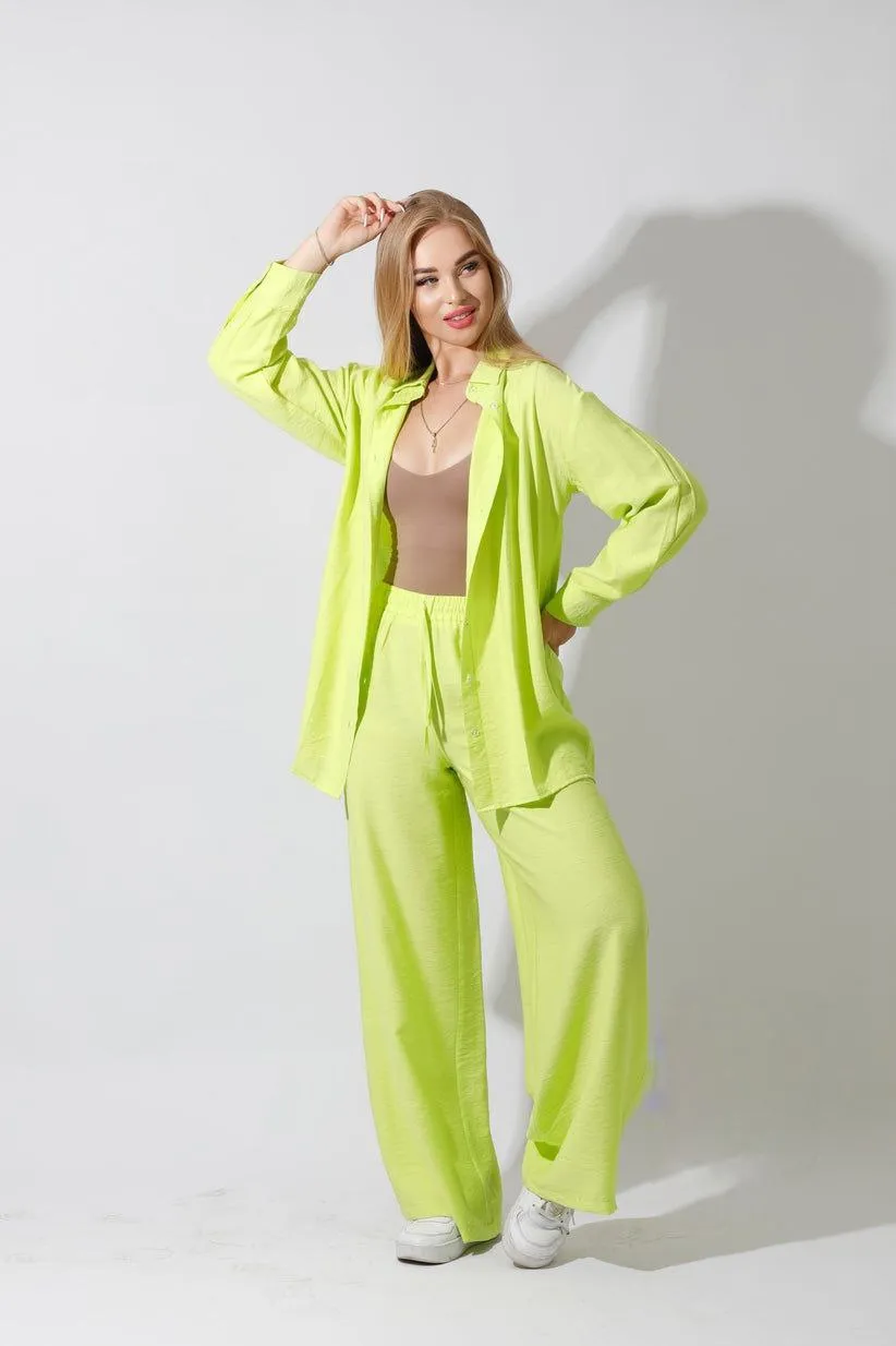 Spanish Linen - Relaxed Fit Lime Green Set Shirt   Pants