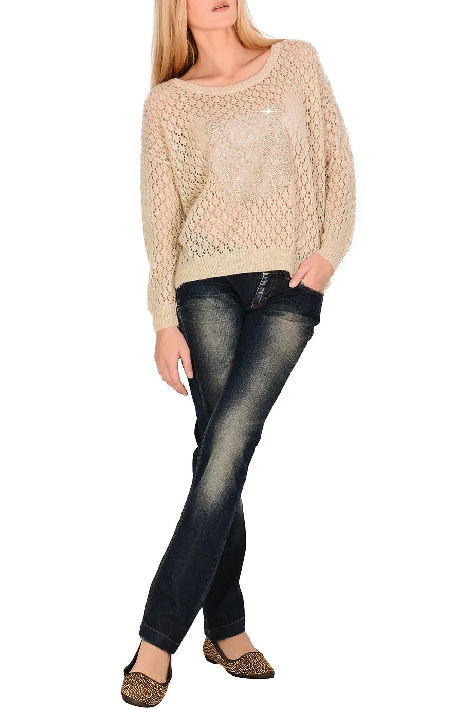 SWEET TIGER Beige Crystal Embellished Jumper