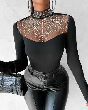 Trendy Rhinestone Mesh Long Sleeve Black Blouse