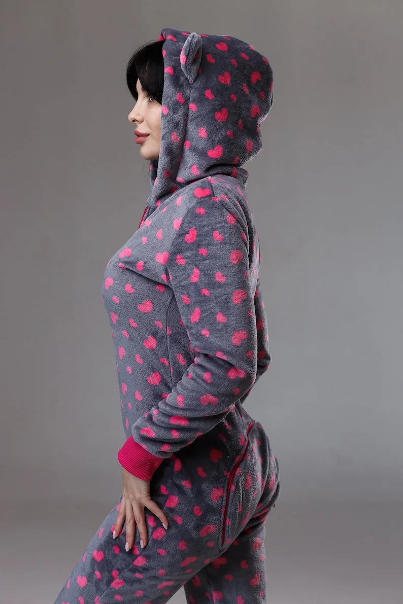 Women's cozy terry butt flap pajamas Sweetjama Frozy with a hood "Cute Hearts"