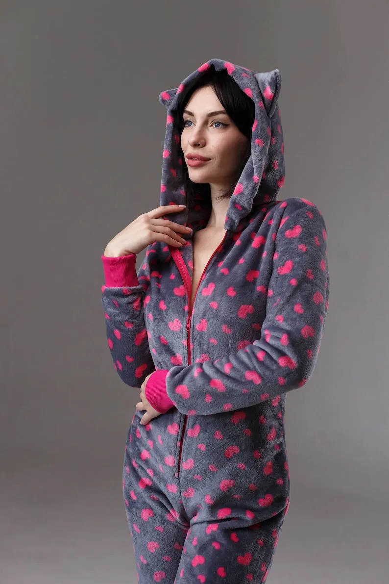 Women's cozy terry butt flap pajamas Sweetjama Frozy with a hood "Cute Hearts"