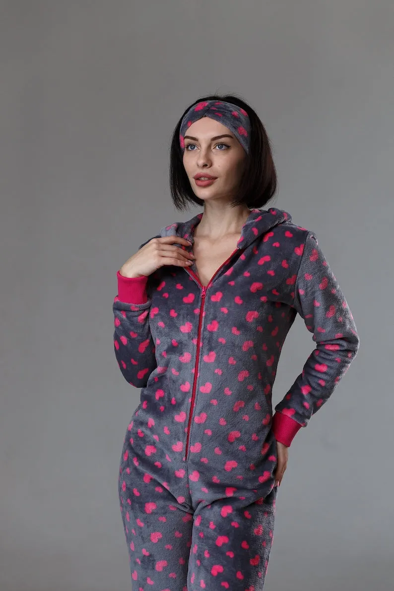 Women's cozy terry butt flap pajamas Sweetjama Frozy with a hood "Cute Hearts"