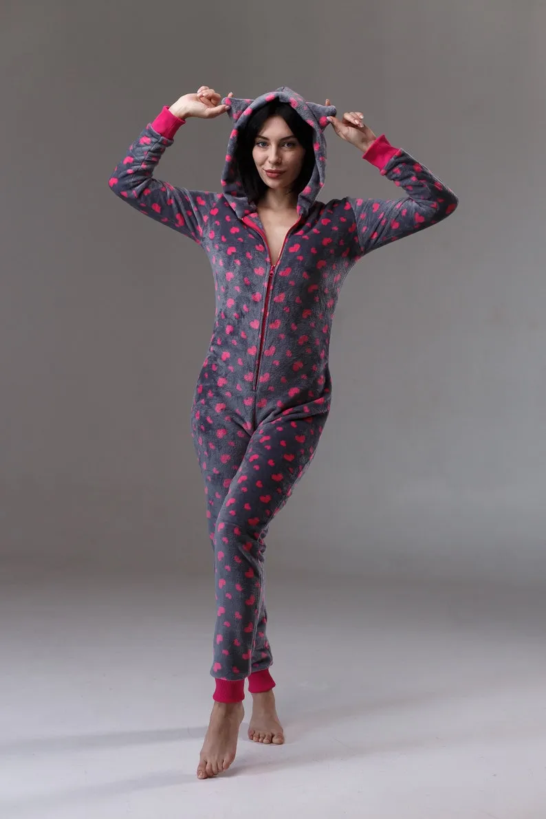 Women's cozy terry butt flap pajamas Sweetjama Frozy with a hood "Cute Hearts"