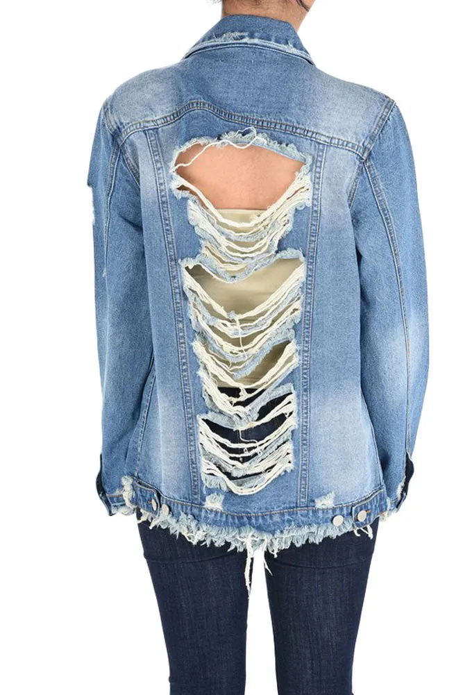 Women's Slashed Back Destroyed Denim Jacket