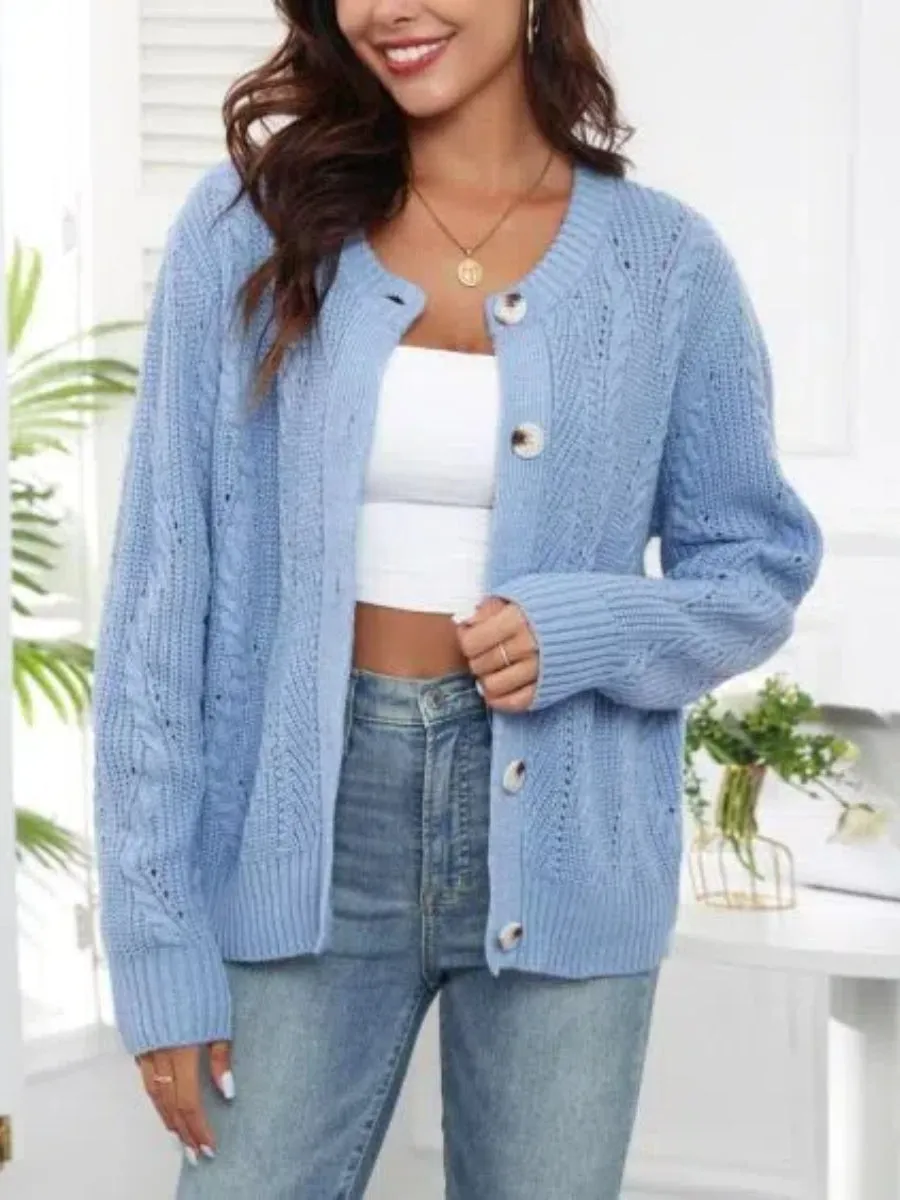 ZAFUL Fall Chunky Knit Cardigan Open Front Long Sleeve Crew Neck Button Loose Cardigan Sweaters